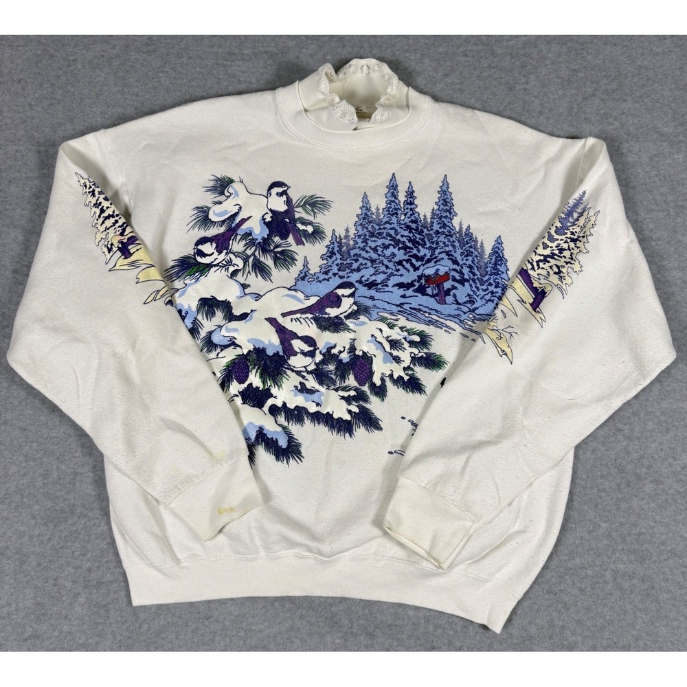 Vintage Top Notch Sweatshirt Womens XL White Birds Winter Lace Trim 90s Graphic